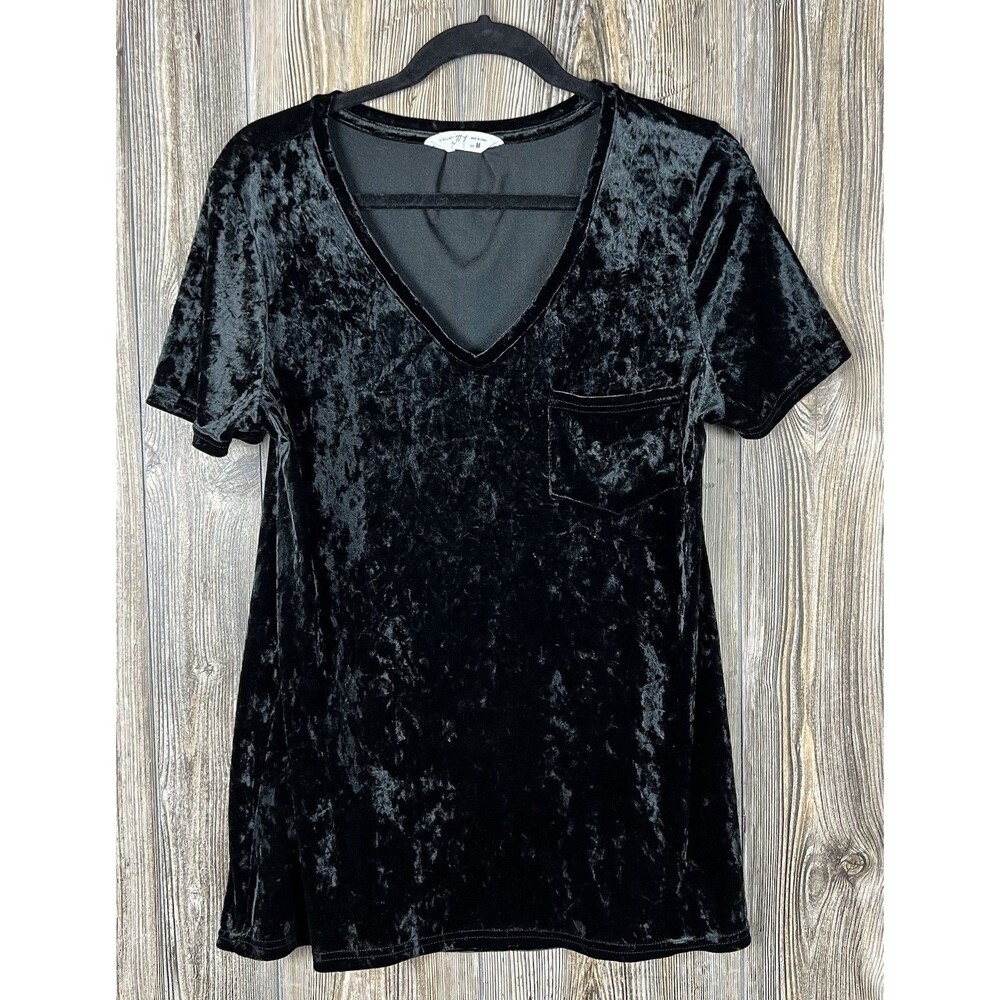 Spring + Mercer Crushed Velvet Legging Tee Black V-Neck‎ MED Gothic Chic Luxe
